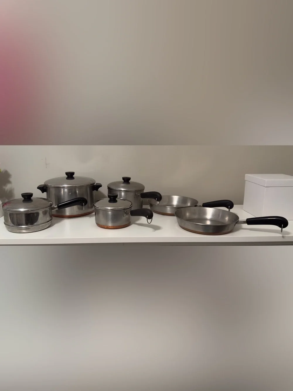 Vintage Revere Ware Stainless Steel Cookware Set with Black Handles - Silver